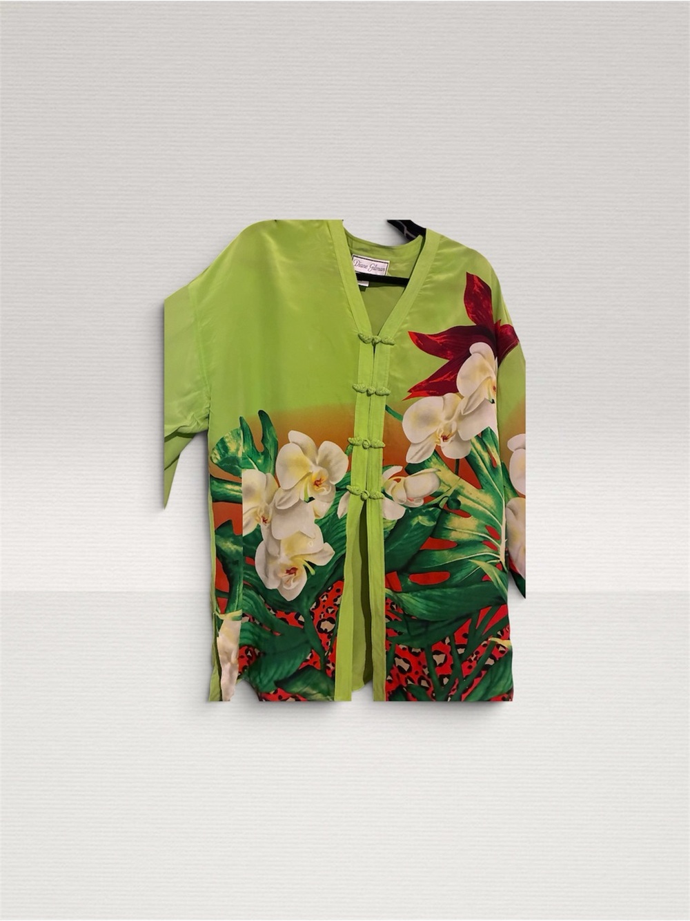 Vintage Diane Gilman Silk Lime Green beautiful Floral Button-Front Kimono Tunic.